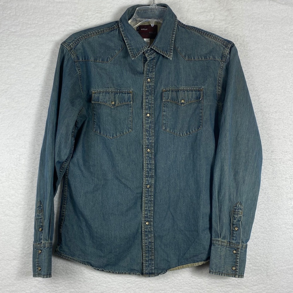 Hurley International Mens Medium Denim Western Pearl Snap Shirt Blue MDV04DF